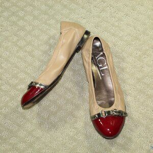 AGL Women's Ballet Flat Size US 6.5 Taupe Maroon Patent Toe Cap Buckle Italian
